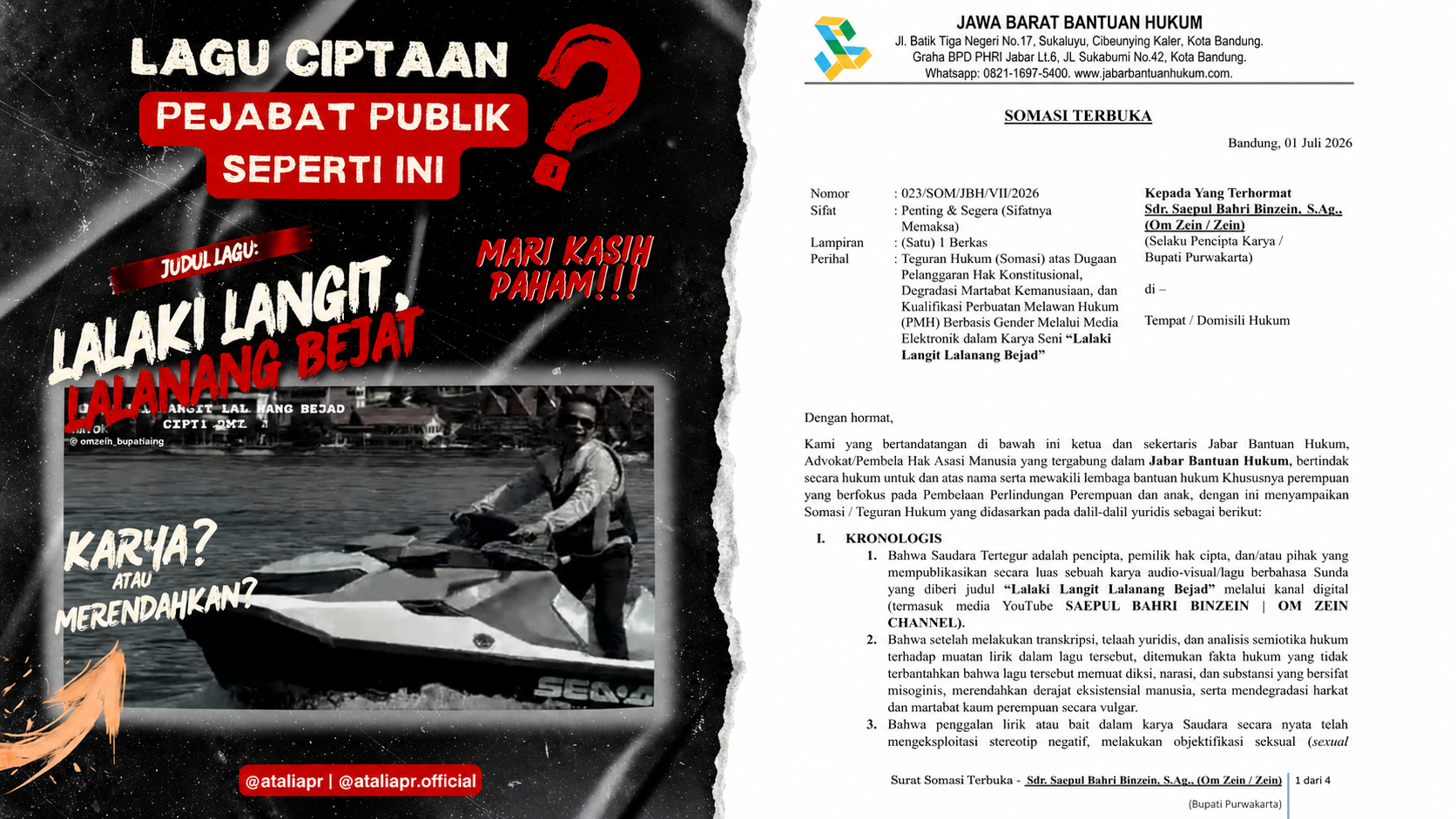 Lagu “Lalaki Langit Lalanang Bejad” Disorot, JBH Somasi Bupati Purwakarta dan Atalia Beri Tanggapan